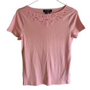 RALPH LAUREN PETITE Pink Cotton Top with Lace Work at Collar and Capped …